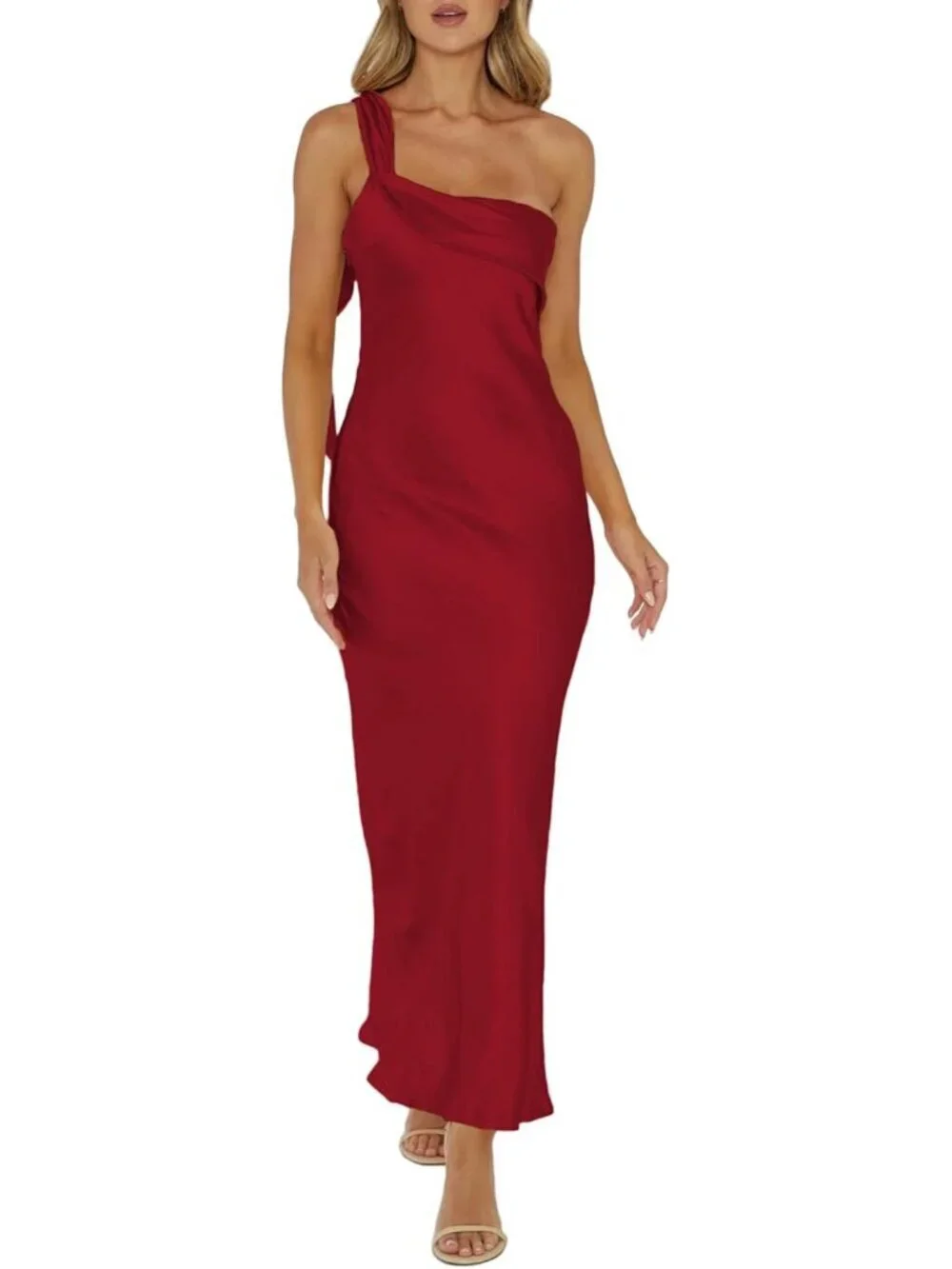 Women's Burgundy Summer Silk Formal Elegant Sleeveless ONE Shoulder Maxi Dress